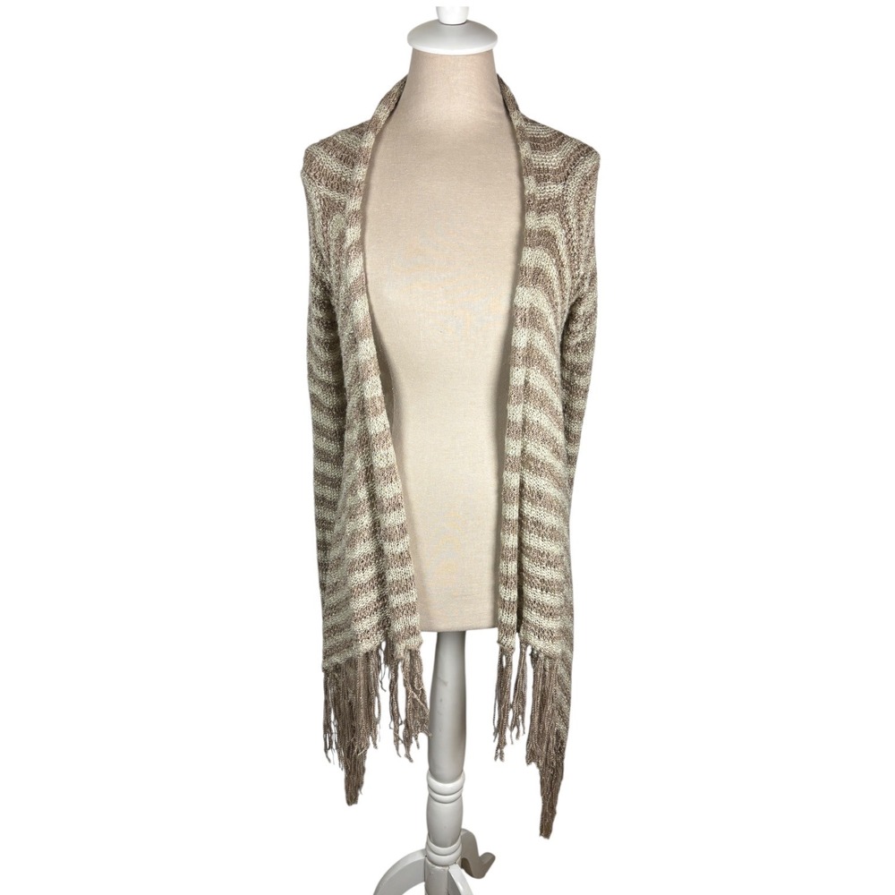 Y2K Say What? Women Tan Striped Open Front Fringe Hem Knit Cardigan Sweater sz M